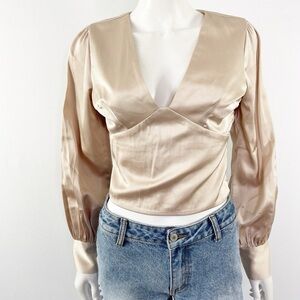 Abercrombie & Fitch Champagne Satin Top Size S Long Sleeve V-Neck